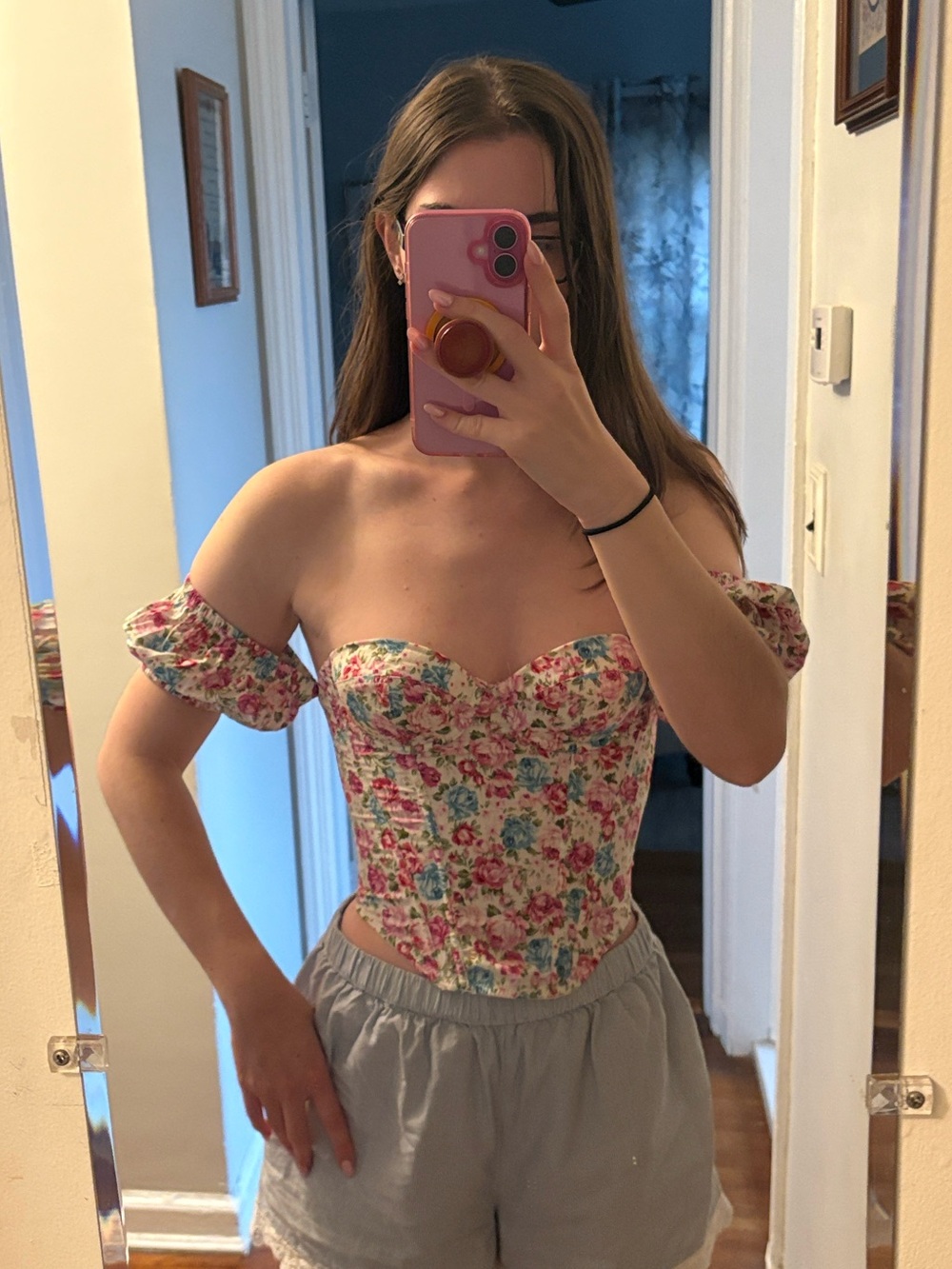 ASOS Floral Corset Off-Shoulder Puff Sleeve Corset Top in Pink and Blue Florals